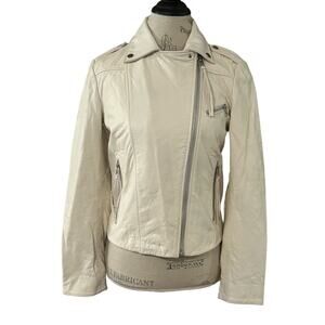Mango white ivory sheep leather moto jacket biker sz XS full zipper